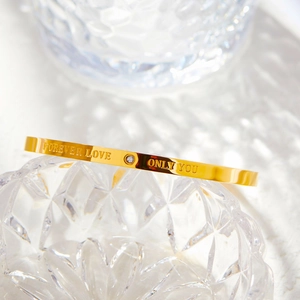 18k gold plated stainless steel C-shaped cuff bracelet with diamond and Forever Love engraving