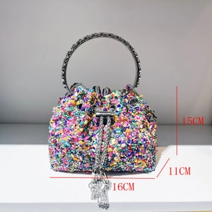 Women's colorful rhinestone bucket bag with metal ring handle and size dimensions