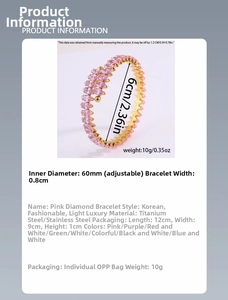 Detailed size specifications for a gold-plated titanium steel bracelet with pink zircons
