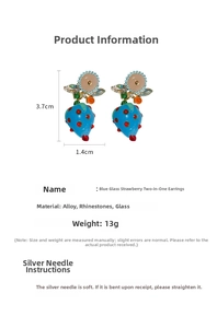 Detailed view of blue glass strawberry earrings with size measurements 3.7cm x 1.4cm