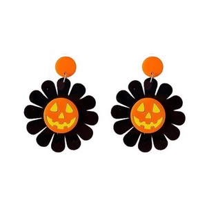 Exaggerated acrylic Halloween pumpkin smiley face daisy flower dangle earrings on white backdrop