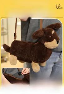 Detail showing plush dachshund bag interior capacity with zipper and adjustable strap