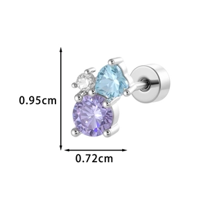 Exquisite heart-shaped cubic zirconia stud earring with purple and blue gems in silver finish