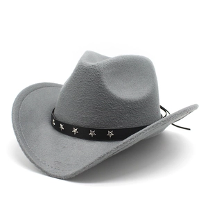 Detail of light gray western cowboy felt hat featuring black leather belt and silver star studs