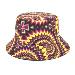 Detail of vibrant psychedelic geometric pattern and stitching on colorful bucket hat