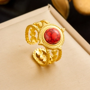 Stainless Steel Ring Vintage Palace Style Gold Plated Open Adjustable Wide Band Red Turquoise Round Gemstone Jewelry Women