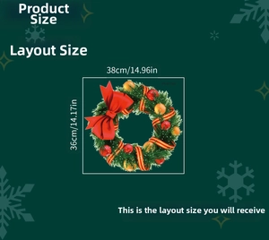 Christmas wreath wall sticker layout showing product dimensions 38x36cm with festive details