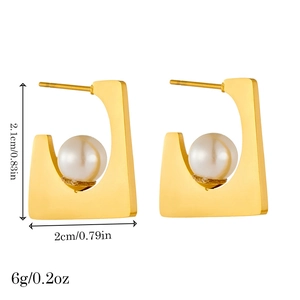 Geometric square gold earrings with white pearl detail for women, 2.1cm size