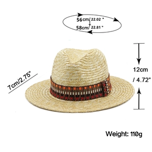 Detail view of woven straw cowboy hat with dimensions and ethnic style pattern band