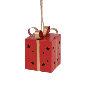 Boîte cadeau en fer rouge lumineux avec étoiles et nœud doré pour décor de Noël