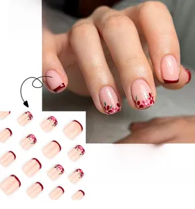 Short square press on nails with red French tips and delicate floral patterns JP3715