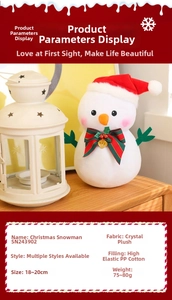Detailed view of plush Christmas snowman with red hat and green striped bow in cozy setting