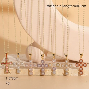 Luxury 14K gold plated cross pendant necklace with colorful zircon stones 40+5cm
