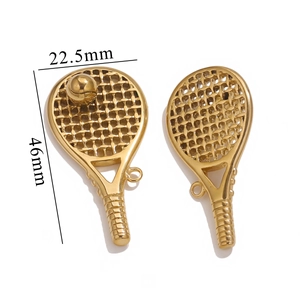 Golden stainless steel tennis racket pendant keychain measuring 46mm by 22.5mm