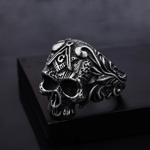Vintage silver skull ring with Masonic symbol carving in durable stainless steel