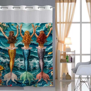 Detail of waterproof polyester shower curtain with colorful mermaid print and grommet top