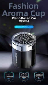 Car aromatherapy cup with grey metal shell, silver grille, and 180-day long-lasting scent
