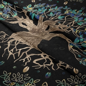 Close-up of bohemian Tree of Life tapestry with Celtic knots and soft fabric texture