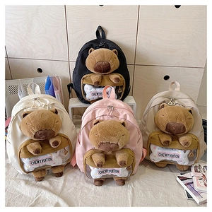 Detailed comparison of four colorful Capybara canvas backpacks with plush decorations