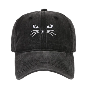Vintage dark grey cotton baseball cap featuring white cat face embroidery on front