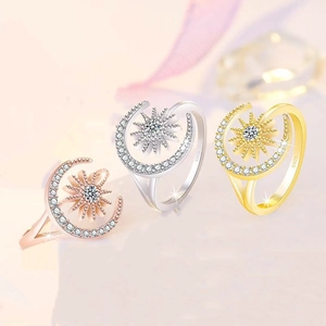 Three S925 sterling silver sun and moon open rings in rose gold, silver, and gold finishes
