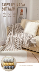 Detail of chunky knit chenille blanket with stripes texture on a cozy sofa