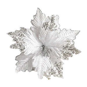 White Christmas poinsettia flower with silver sequins for festive tree decoration