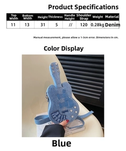 Detailed view of the guitar-shaped denim crossbody bag with specific size measurements
