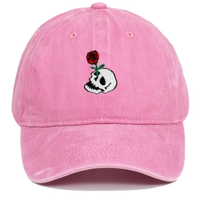 Detailed embroidery of skull and red rose on pink washed denim baseball cap