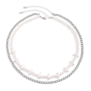 Men's double layer necklace with white pearls and silver metal chain on white background