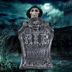Halloween tombstone with skull and RIP carving, glowing ghost prop for haunted house decor