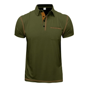 Detail view of olive green polo shirt with orange contrast stitching and chest pocket