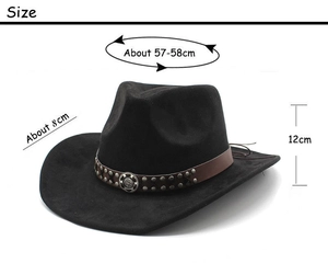 Size dimensions for black suede cowboy hat featuring retro rivet leather decorative band