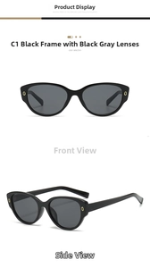 Gros plan de lunettes de soleil œil-de-chat noires avec détails dorés et verres gris