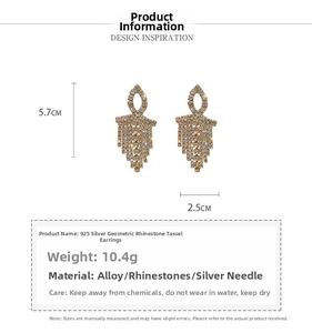 Detailed dimensions of gold geometric tassel earrings with rhinestones and S925 silver needles