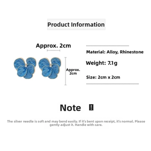 Detail specifications of blue floral earrings with size 2cm by 2cm and alloy material