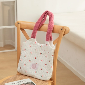 Cherry Print Quilted Tote Bag With Pink Sherpa Handles Large Capacity Cotton Shoulder Handbag For Women