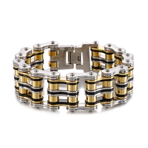 Men's tri-color stainless steel motorcycle chain bracelet in gold, silver, and black