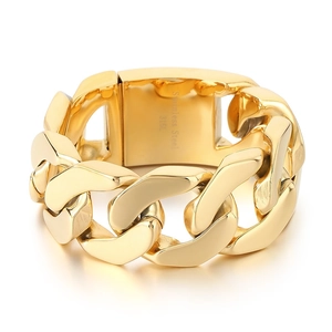 Polished golden 316L stainless steel Cuban link chain ring for men on white background