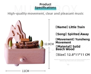 Detailed specs for beech wood music box with rotating train and mountain scenery