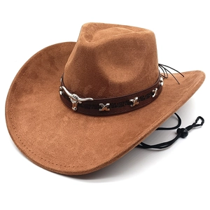 Retro Wildleder Western Cowboyhut Mit Stierkopf Metalldekoration Breiter Krempe Verstellbarem Windseil Unisex Outdoor Stil