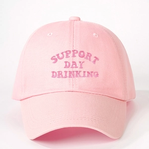 Pink cotton baseball cap with purple Support Day Drinking embroidery and adjustable strap