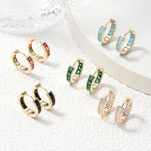 Elegant Huggie Hoop Earrings Gold Plated Copper With Colorful Zircon Emerald Cut Small Geometric Ear Jewelry For Women