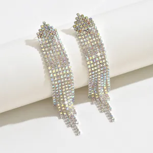 Detail view of long waterfall fringe earrings with colorful AB crystal tassels