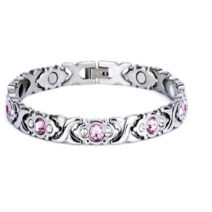 Magnetic therapy bracelet with X-O links, pink oval stones and crystal accents