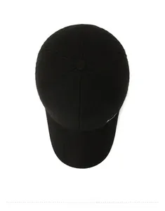 Top view of premium black wool blend baseball cap showing six-panel stitch detail