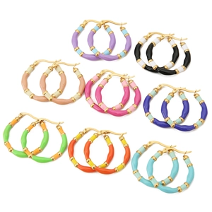 Bohemian Exaggerated Bamboo Hoop Earrings Stainless Steel Gold Plated Colorful Enamel Geometric Rainbow Jewelry For Women