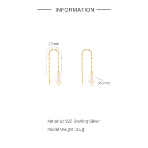 Detailed specs of 925 sterling silver pearl earrings with 40mm long chain design