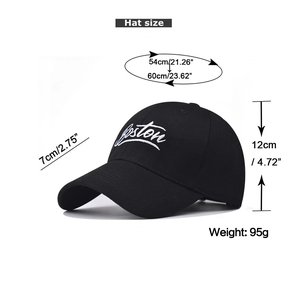Detail of Boston embroidered cotton baseball cap showing adjustable size and dimensions