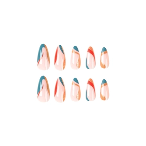 Artistic almond press-on nails with blue and red abstract patterns and gold glitter